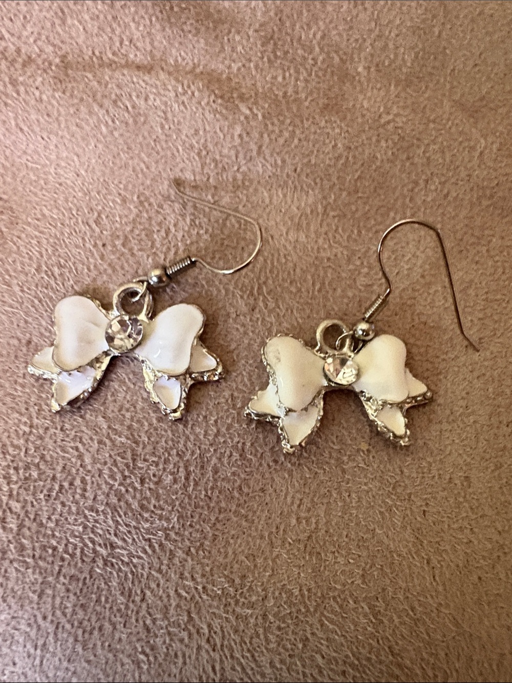 White Enamel Bow Dangle Earrings with Rhinestone